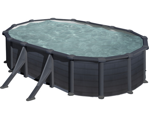 Aufstellpool Stahlwandpool-Set Gre oval 527x500x132 cm inkl. Sandfilteranlage, Skimmer, Leiter, Filtersand, Anschlussschlauch & Bodenschutzvlies grau