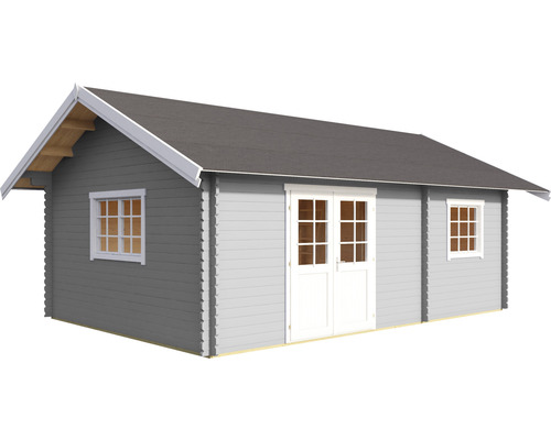 Graues Gartenhaus mit Fenster und Doppeltür