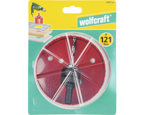 Wolfcraft Lochsäge mit 121 mm Durchmesser in Verpackung.