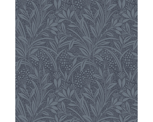 Vliestapete 113339 Laura Ashley Barley Blätter Blau Detailaufnahme einer floral gemusterten Tapete mit Blättern und Beeren