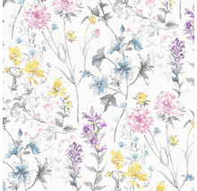 Blumentapete mit floralem Muster in Gelb, Blau, Rosa und Violett