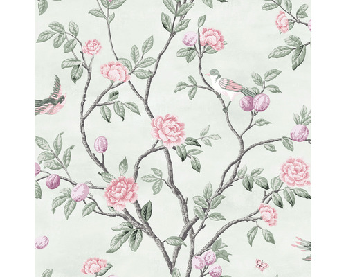Vliestapete 113371 Laura Ashley Eglantine Grün Tapete mit Blumen-, Vogel- und Fruchtmuster