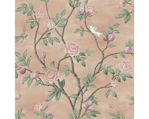 Vliestapete 113372 Laura Ashley Eglantine Pink Tapete mit Blüten, Blättern, Früchten und Vögeln auf Ästen