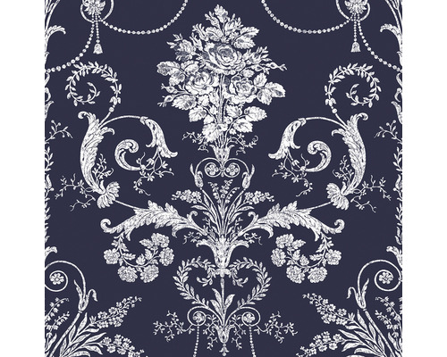 Vliestapete 113386 Laura Ashley Josette Blau Detailansicht einer floralen Vliestapete mit Ornamenten