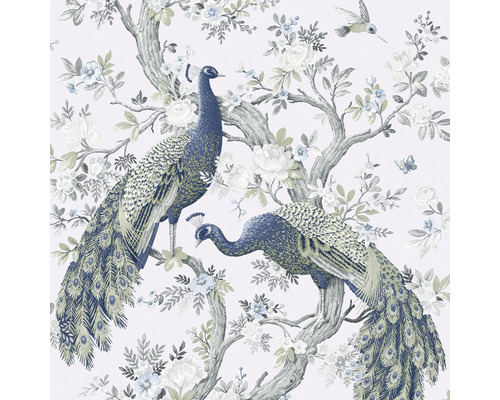 Vliestapete 113397 Laura Ashley Belvedere Pfau Beige Blau Tapete mit Pfauen-, Blumen- und Baumdesign