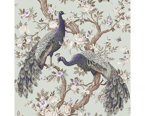 Vliestapete 113398 Laura Ashley Belvedere Pfau Grün Tapete mit Pfauen und Blütenmuster