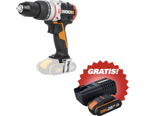 Worx Akku-Bohrschrauber mit 20 Volt Akku und Ladegerät sowie einem kostenlosen Zusatzakku und Ladegerät.