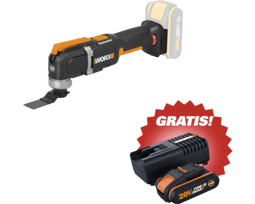 Akku-Multifunktionswerkzeug Worx Sonicrafter inklusive zwei 20 Volt Akkus und Ladegerät.