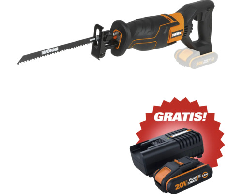 Worx Akku-Säbelsäge mit Sägeblatt für Holz inklusive kostenlosem 20 Volt Power Share Akku und Ladegerät.