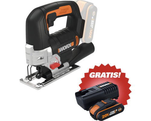 Worx Akku Stichsäge 20 Volt mit gratis 2,0 Amperestunden Akku und Ladegerät.