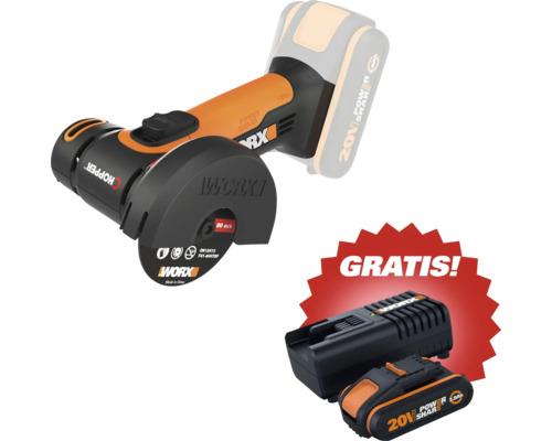 Worx Akku-Winkelschleifer mit gratis 20 Volt Power Share Akku und Ladegerät.