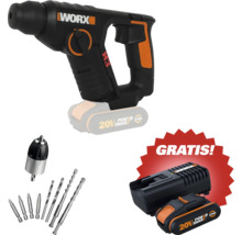 WORX Akku-Bohrhammer H3 Set mit Akku, Ladegerät, Bohrfutter und verschiedenen Bohrern. Inklusive einer kostenlosen Zugabe.