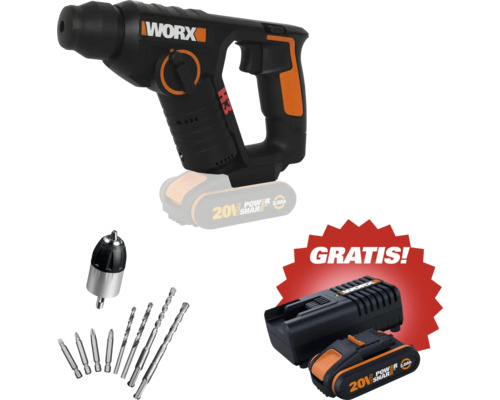 WORX Akku-Bohrhammer H3 Set mit Akku, Ladegerät, Bohrfutter und verschiedenen Bohrern. Inklusive einer kostenlosen Zugabe.