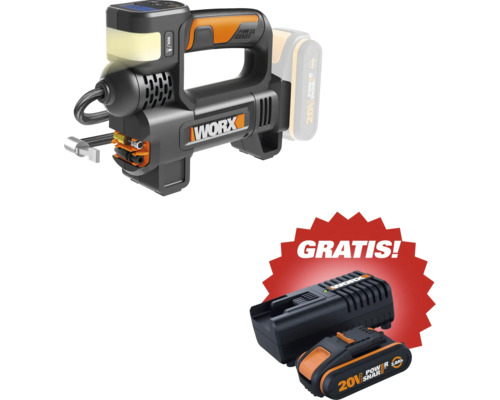Worx 20 Volt Akku-Luftpumpe mit digitalem Display und LED-Licht, inklusive gratis 2,0 Amperestunden Akku und Ladegerät.