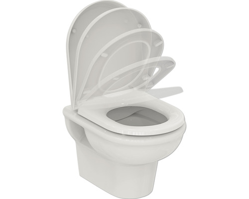 Wand-WC Set Ideal Standard Exacto Tiefspüler ohne Spülrand weiß mit WC-Sitz R002601 Wand-Tiefspülklosett mit geöffnetem WC-Sitz
