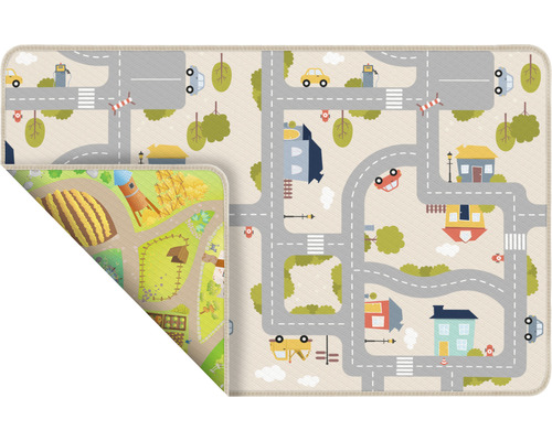 Spielteppich mit Stadt- und Bauernhofmotiven