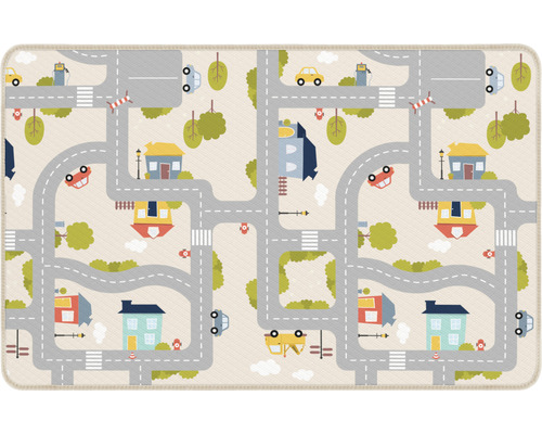 Spielteppich mit Stadtmotiv, inklusive Straßen, Häusern und Autos.
