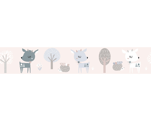Bordüre 45837 Kids Walls Rehe Igel rosa blau 5 m x 17,5 cm Illustration mit Rehen, Bäumen und Igeln