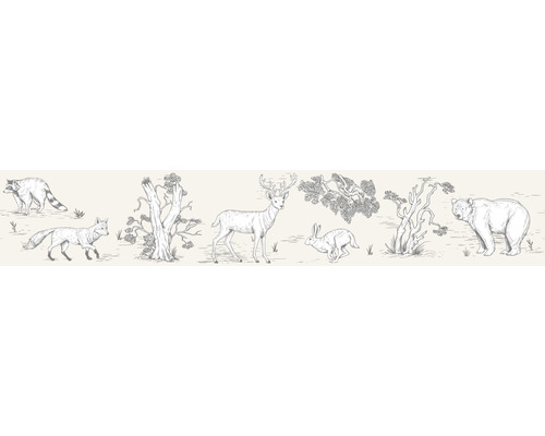Bordüre 45810 Kids Walls Tiere Wald beige 5 m x 17,5 cm Illustration von Waldtieren inklusive Waschbär, Fuchs, Hirsch, Hase und Bär