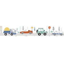 Illustration einer Straße mit verschiedenen Fahrzeugen und Verkehrsschildern
