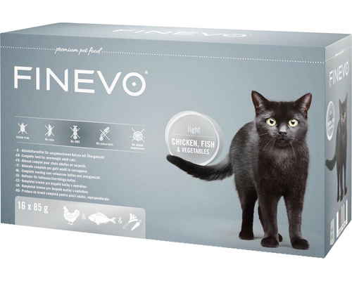 Katzenfutter nass FINEVO Light Cat Huhn, Fisch, Möhren 16x85g FINEVO Katzenfutter für übergewichtige, ausgewachsene Katzen, 16 mal 85 Gramm