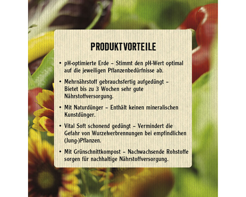 Produktvorteile: pH-optimierte Erde, Mehrnährstoff-Langzeitversorgung, Naturdünger, Vital Soft Düngung, Grünschnittkompost