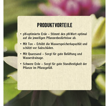 Produktvorteile: pH-optimierte Erde, Ton für Wasserspeicherung, Quarzsand für Belüftung und schwere Erde für Standfestigkeit der Pflanze.
