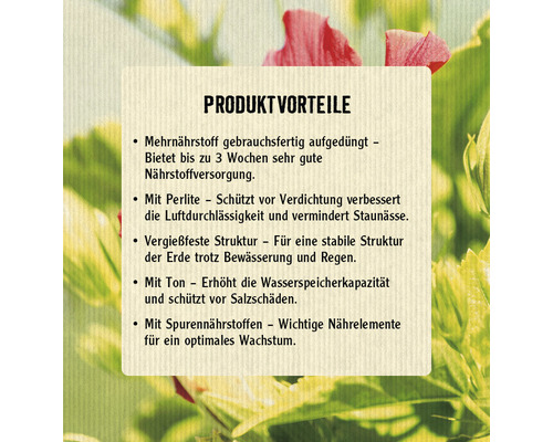 Produktvorteile: Gebrauchsfertiger Mehrnährstoff, Perlite schützt vor Verdichtung, vergießfeste Struktur, Ton erhöht die Wasserspeicherkapazität, Spurennährstoffe für optimales Wachstum.