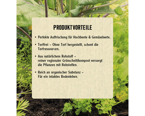 Informationstafel mit Produktvorteilen von Kompost für Hoch- und Gemüsebeete