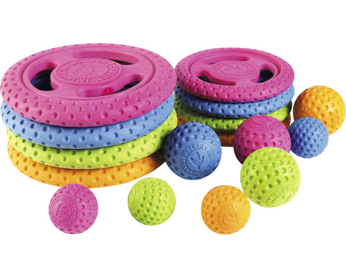 Mehrfarbige Hundespielzeuge: Frisbees und Bälle