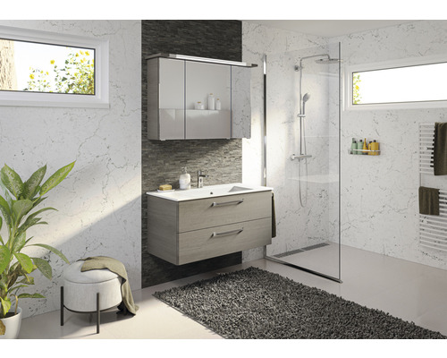 Badezimmer mit Waschtischunterschrank, Spiegelschrank, Dusche und Heizkörper