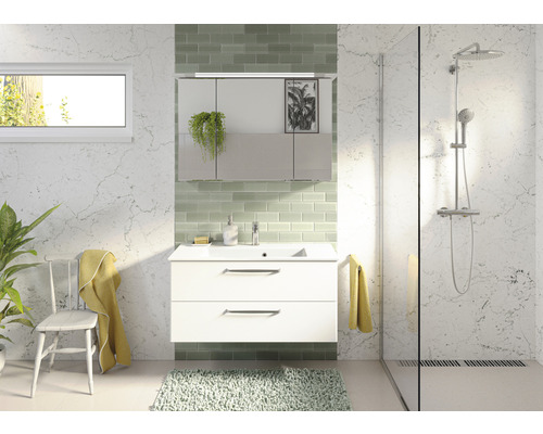 Badezimmer mit Waschbeckenunterschrank, Spiegelschrank, Dusche und Dekorationen für eine helle und organisierte Atmosphäre.