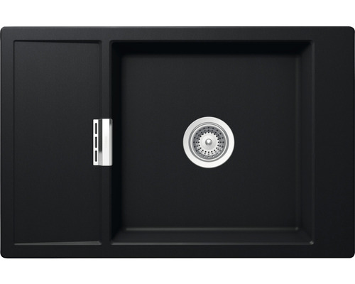 Flächenbündige Spüle Schock Mono D-100XS 499x769 mm mit Holzschneidbrett puro Schwarze Küchenspüle mit Abtropffläche und Siebkorbventil