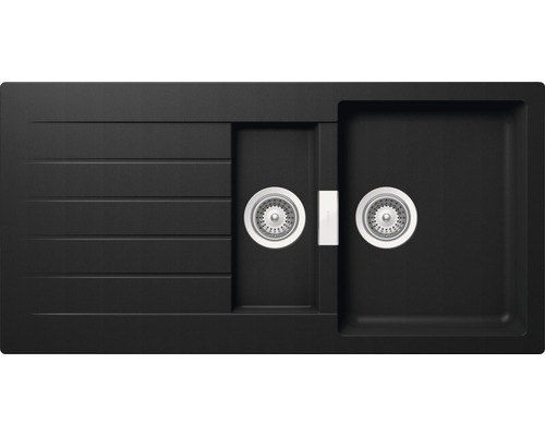 Flächenbündige Spüle Schock Signus D-150 493x993 mm mit Holzschneidbrett puro Schwarze Küchenspüle aus Granit mit Abtropffläche und zwei Becken