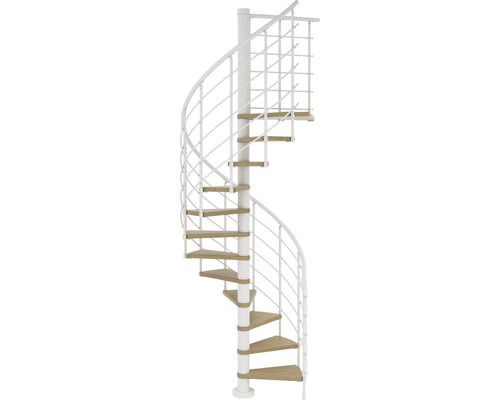 Wendeltreppe mit Holzstufen und weißem Geländer