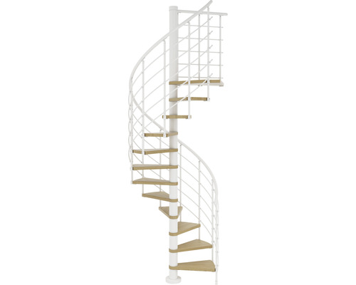 Wendeltreppe mit Holzstufen und weißem Geländer