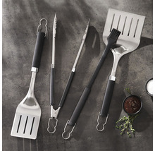 Grillbesteckset bestehend aus Wender, Zange und Pinsel mit schwarzen Griffen