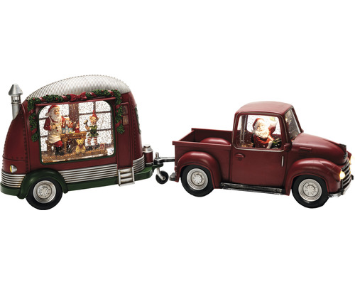 Weihnachtsdekoration mit Schneekugel, Santa im Truck und Caravan mit Figuren