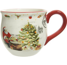 Keramiktasse mit Weihnachtsmotiv und rotem Henkel