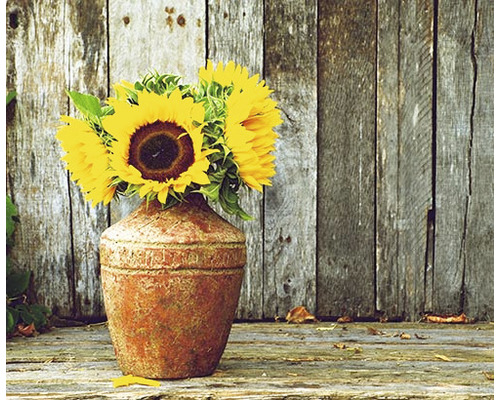 Infrarot Bildheizung Heat4All Motive 1273155 80x60 cm 450 Watt Sonnenblumen in einer Vase vor einer Holzwand