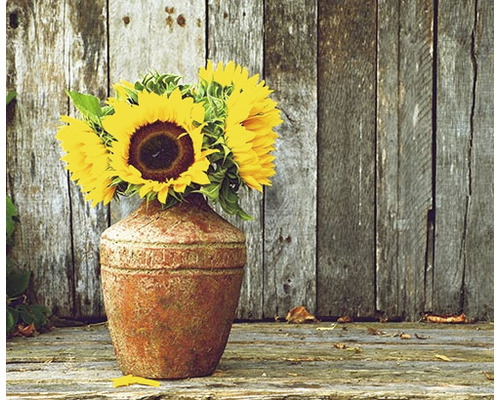 Infrarot Bildheizung Heat4All Motive 15273155 100x80 cm 780 Watt Sonnenblumen in einer Vase vor einer Holzwand