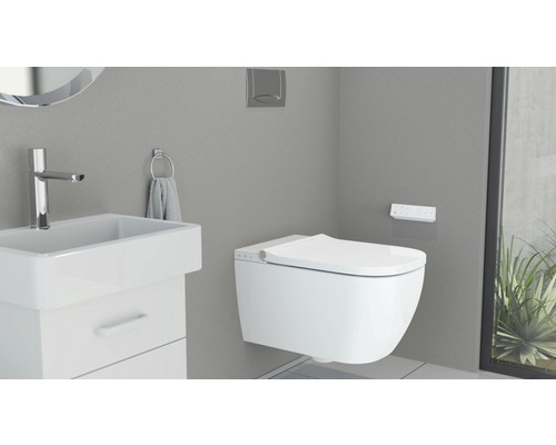 Modernes Badezimmer mit wandhängendem Dusch-WC und Waschtisch