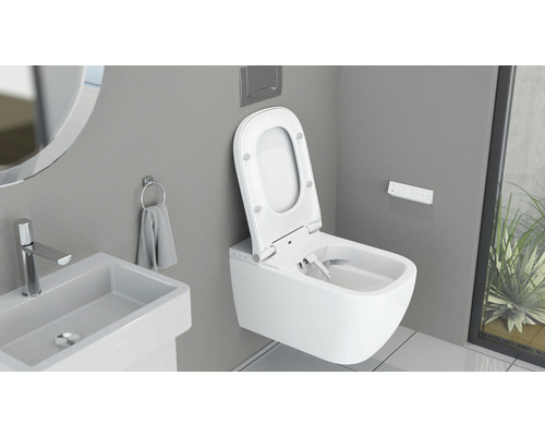 Badezimmer mit Wand-Bidettoilette, Waschbecken und Spiegel