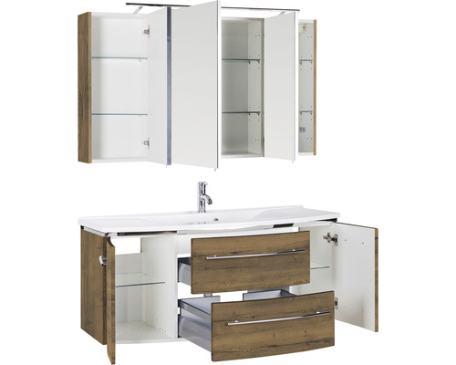 Badezimmermöbel-Set mit Waschbecken, Unterschrank, Spiegelschrank und Stauraum