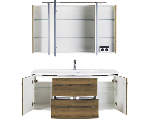 Badezimmermöbelset mit Waschbecken, Unterschrank und Spiegelschrank mit offenen Türen und Schubladen