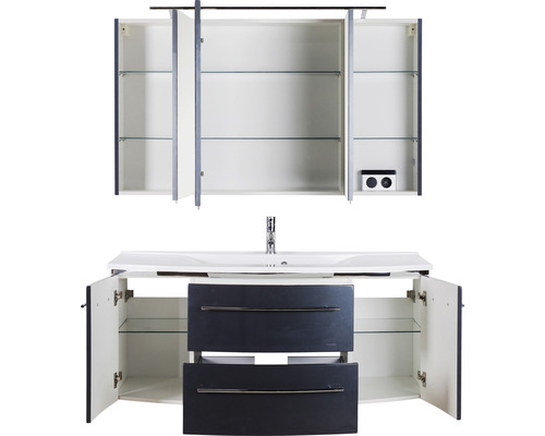 Waschtischkombination mit Waschbecken, Unterschrank, Spiegelschrank und offenen Türen