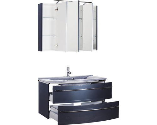 Badezimmermöbel Set mit Waschbeckenunterschrank, zwei Schubladen und Spiegelschrank mit drei Türen