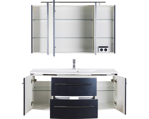 Waschtischunterschrank mit Waschbecken und Spiegelschrank mit offenen Türen