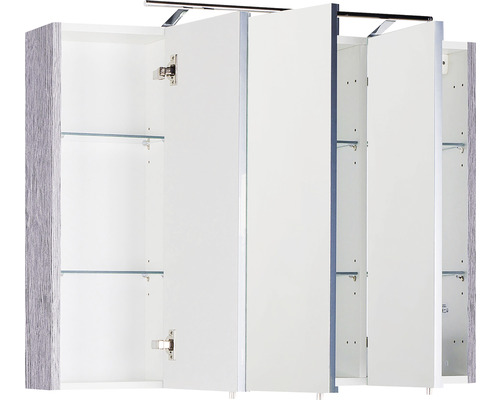 Offener dreitüriger Spiegelschrank mit Glasablagen