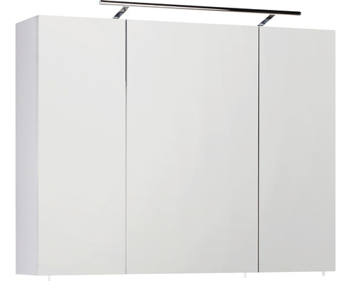 Weißer Spiegelschrank mit drei Türen und Beleuchtung für das Badezimmer